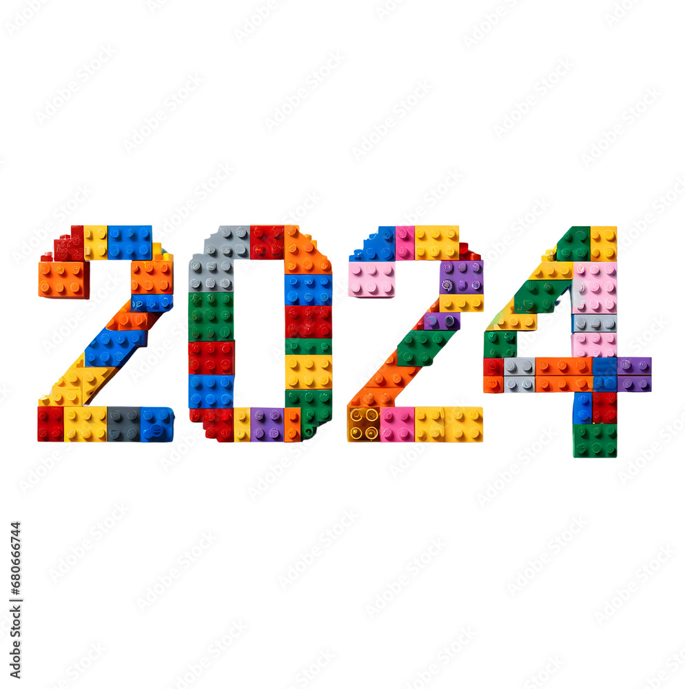 Colorful 2024 Year Formed by Lego Bricks On Transparent Background - obrazy, fototapety, plakaty 