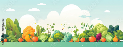 Wide panoramic vegetable banner illustration with different types of vegetables in order  