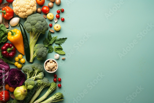 Wide flat lay photograph of vegetarian day banner with different types of vegetables fruits and grains on a table wide empty side for mockup text editing in light blue background 