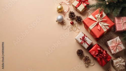 Christmas or New year background with balls , pine cones and gift boxes, Copy space on pink background top view, Banner. © chathurani