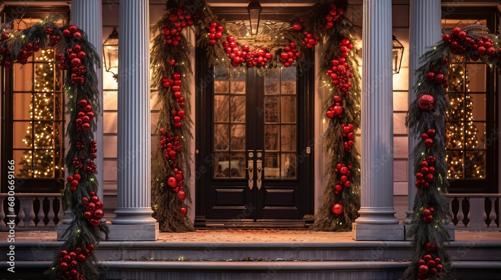 Entrance to the building decorated for Christmas with garland and red balls