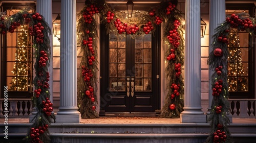 Entrance to the building decorated for Christmas with garland and red balls