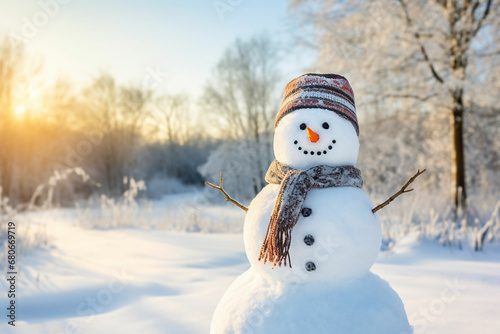 Snowman in a Beautiful Sunny Winter Day Cheerful snowman in a snowy meadow © Khansa