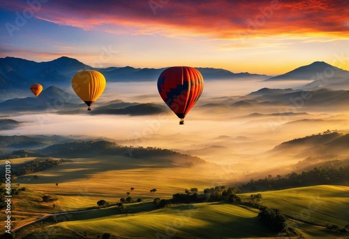 Heißluftballons fliegen über eine wunderschöne Landschaft