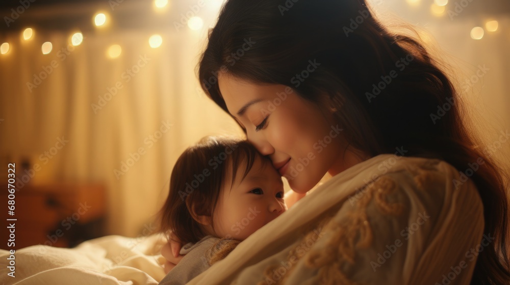 Asian mother kisses and hugs her baby, blurred kids room. Mother's day concept. Asian mother kisses and hugs her baby, blurred kids room. Mother's day concept.