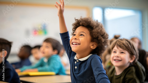 Engaged African-American Student Raising Hand in a Diverse Classroom