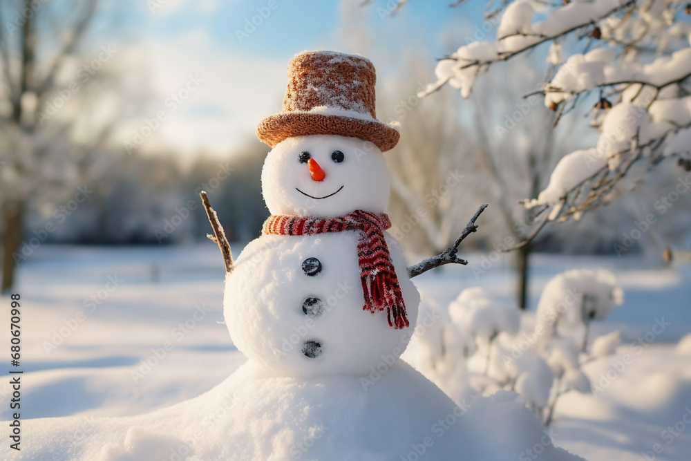 Obraz premium Snowman in a Beautiful Sunny Winter Day Cheerful snowman in a snowy meadow