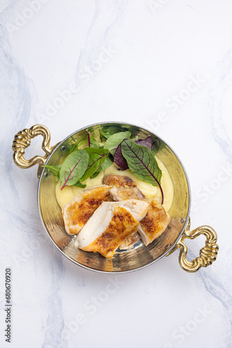 Ukrainian cuisine. Grilled chicken with mashed potatoes