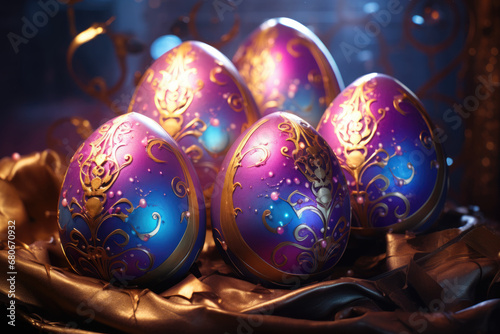 Abstract easter eggs, vibrant purple and blue shiny pearly color on elegant gold material