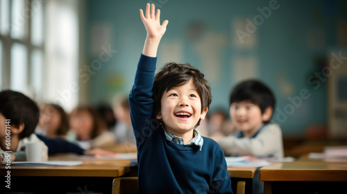 Happy Asian-American Boy Raising Hand in Diverse Classroom