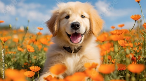 a golden retriever sitting in a field full of orange flowers with his mouth open and his tongue hanging out.