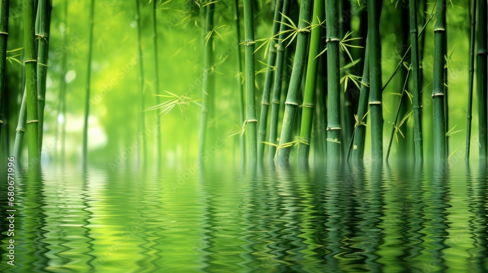  a painting of a bamboo tree reflected in a body of water with green reeds in the foreground and a blue sky in the background. - obrazy, fototapety, plakaty 