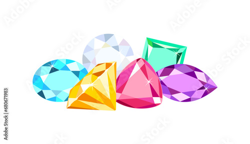 Multi-colored bright gems isolated on a white background. Vector cartoon flat illustration.