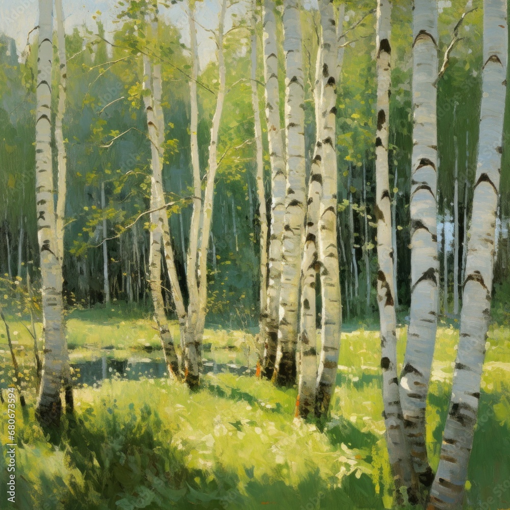 Fototapeta premium Impressionism wall art poster of sunny forest in style of oil painting art