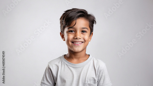 Boy smile isolated in white background, backdrop with copy space