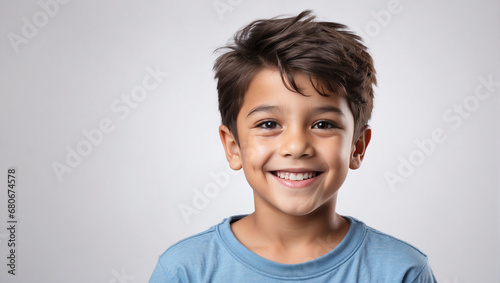 Boy smile isolated in white background, backdrop with copy space
