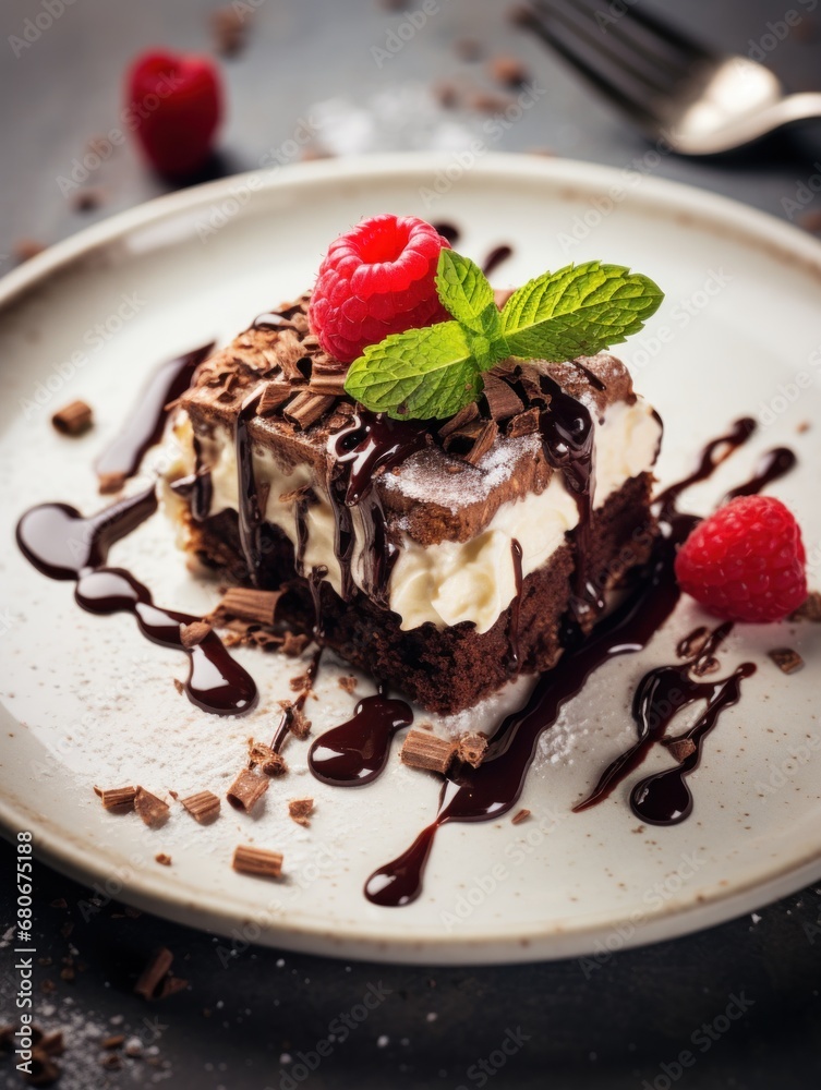 Tasty chocolate tiramisu cake with raspberries on a white plate table setting Tasty chocolate tiramisu cake with raspberries on a white plate table setting