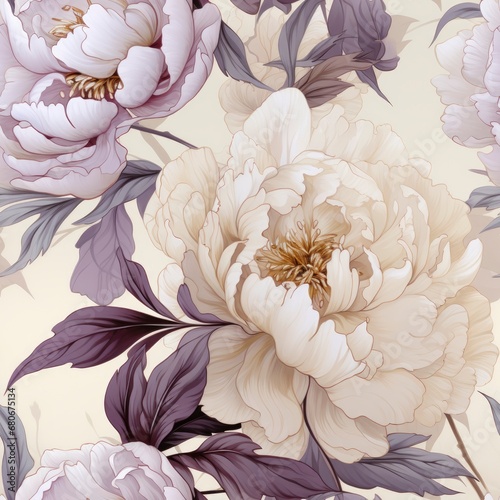 Retro cream peony seamless pattern, accented with light lavender shades