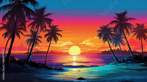  a painting of a sunset over the ocean with palm trees and the sun rising over the ocean in the distance. © Oleg