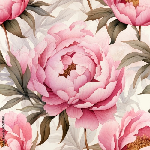 Watercolor pink peony seamless pattern photo