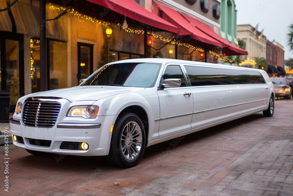A stretch limousine in front of a club.