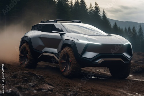 A futuristic sports SUV driving in wild terrain.