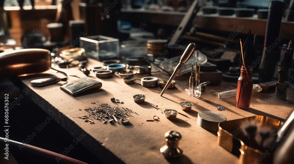 Fototapeta premium Jeweler working in his workshop. Jewelry making process
