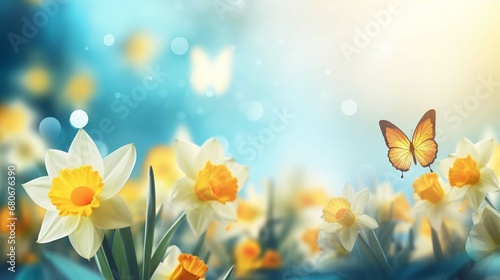Easter spring flower background; fresh flower and yellow butterfly 