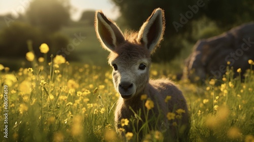 A baby donkey in a green field with yellow flowers, in the style of light purple and light black, darkly comedic