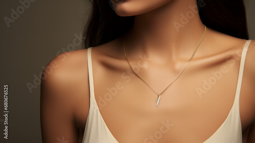 woman wearing  a strappy low neckline dress and a delicate minimalistic necklace with a golden pendant, closeup photo