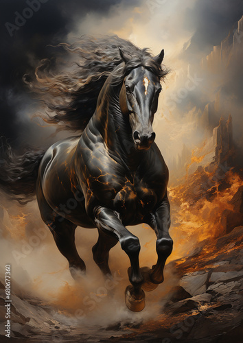 Horse gallops on the dust, epic moment. Freedom horse running in the dark background. AI Generative