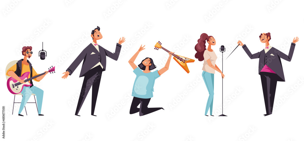 Obraz premium Musicians characters sing song playing music isolated set. Vector flat graphic design illustration