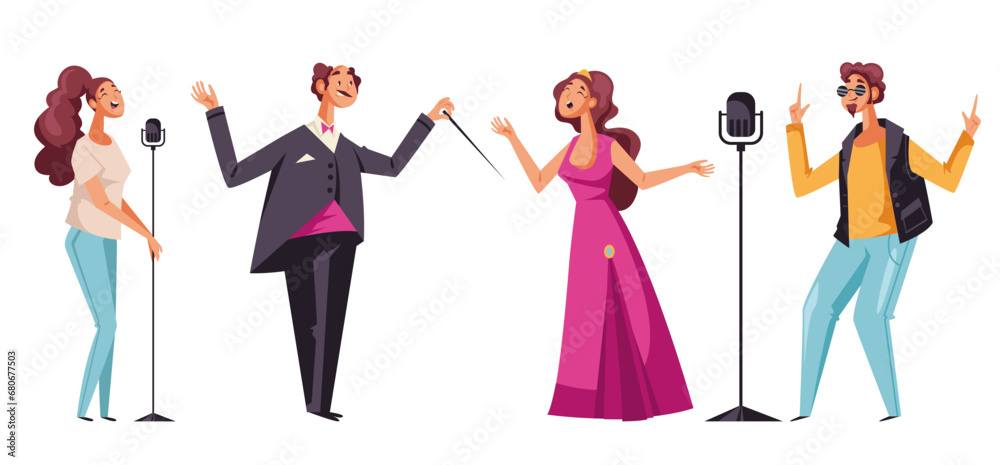 Musicians characters sing song playing music isolated set. Vector flat graphic design illustration Musicians characters sing song playing music isolated set. Vector flat graphic design illustration