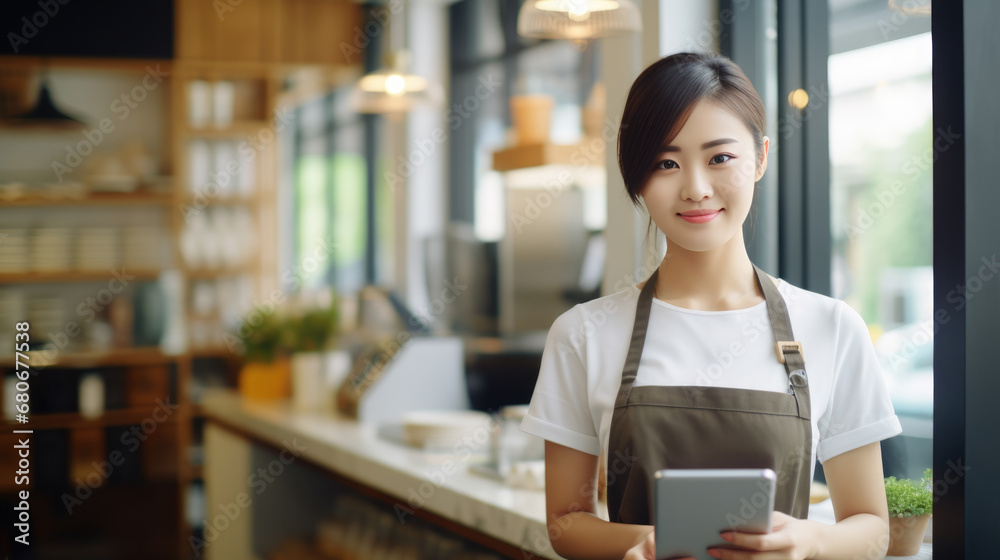 A smiling woman, small business owner, holding a tablet and wearing an apron, standing in a well-lit and organized cafe environment A smiling woman, small business owner, holding a tablet and wearing an apron, standing in a well-lit and organized cafe environment