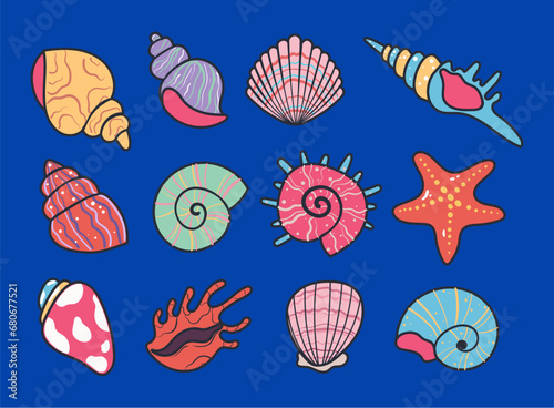 Seashell shell star shellfish marine aquatic isolated set. Vector flat graphic design illustration © PrettyVectors