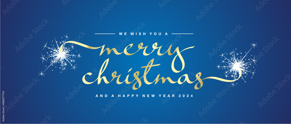 Merry Christmas and Happy New Year 2024 unique modern ribbon calligraphic text with sparkler firework gold blue color background - obrazy, fototapety, plakaty 