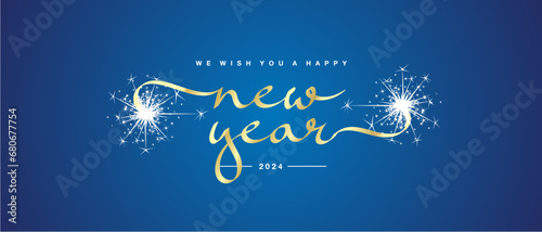 We wish you a Happy New Year 2024 unique modern ribbon calligraphic text with sparkler firework gold blue color background
