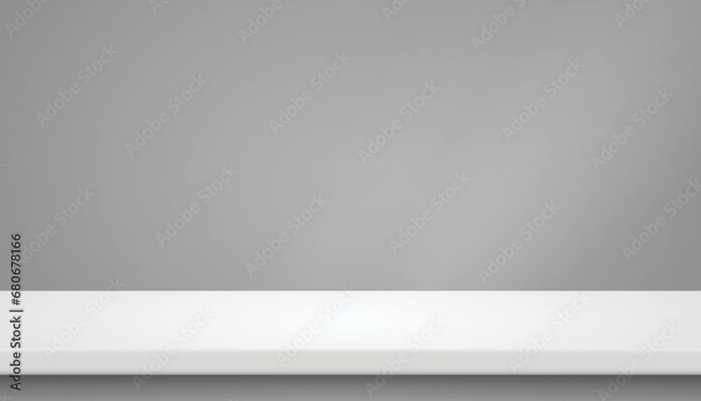Shop product shelf, light gray shelf for product presentation, shopping merchandise market products rack, blank empty showcase, supermarket retail shelve, store rack