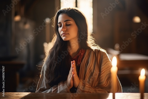 Woman praying in church. Young woman meditating on a bench in church. Woman has clasped hands in prayer in the Christian church. Religious woman praying in church. Supplication wish to God.