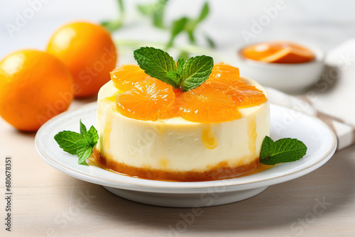A peace of creamy mandarin clementine cheese cake on plate