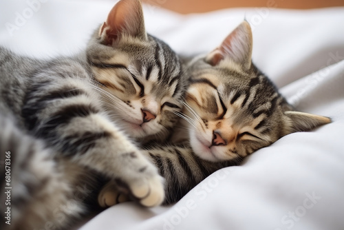 Two small striped domestic kittens sleeping hugging each other, lying on bed white blanket funny pose. Cute adorable pets cats