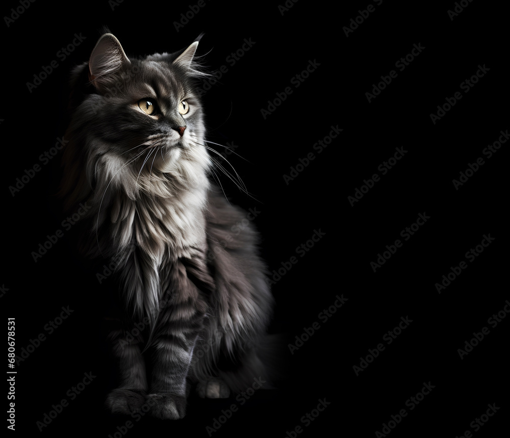 Close-up of gray fluffy cat on a black background with copy space