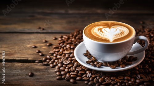 White ceramic cup and saucer on a wooden table, filled with a latte featuring a heart-shaped foam art design, surrounded by scattered roasted coffee beans.