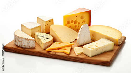 Delicious cut and whole glazed cheeses on white background, AI Generative.