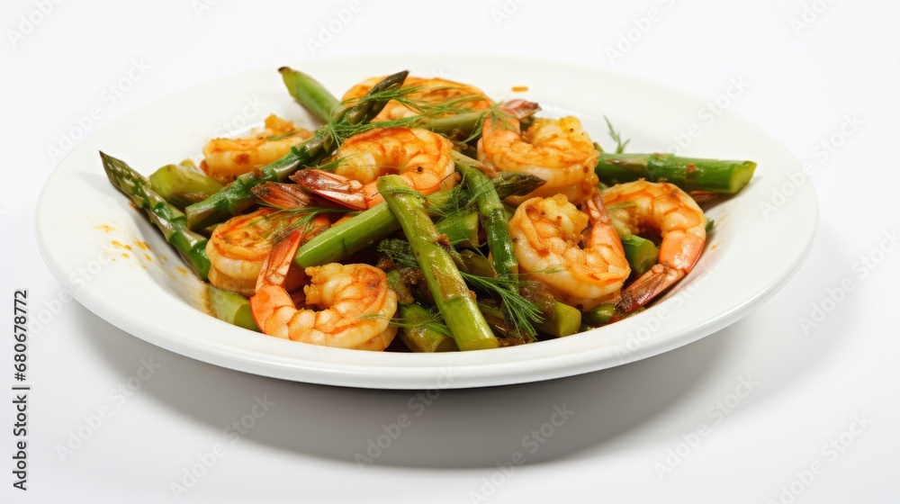shrimp with asparagus cooked in a plate.