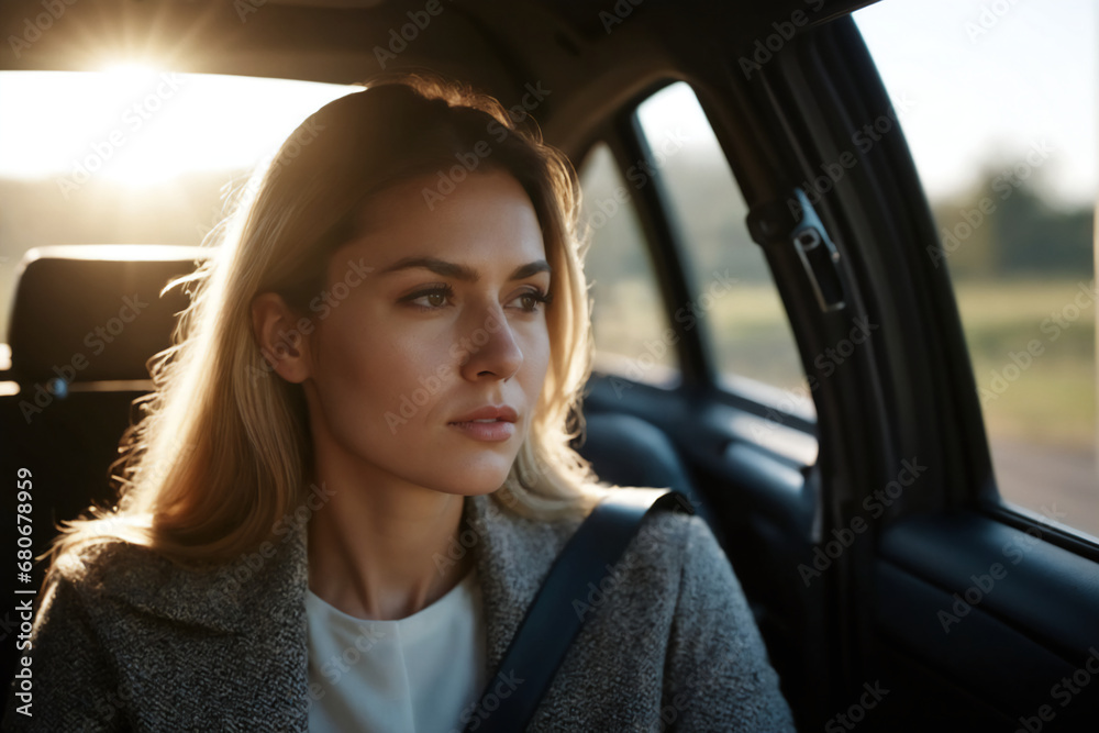 Beautiful woman in a car looking outside during sunset