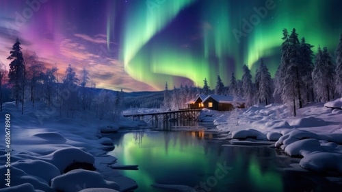 winter landscape with wooden cottage and North Light in the nights sky