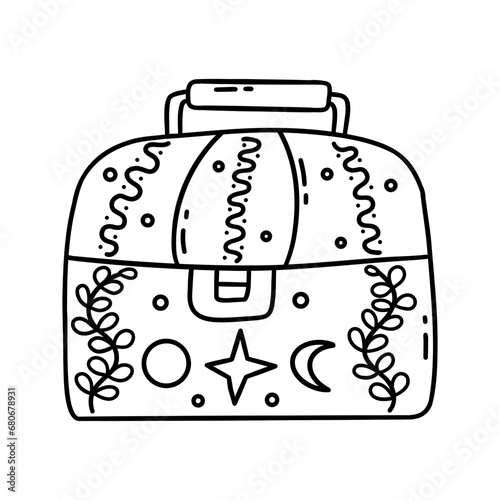 Box or chest for personal items or jewelry. Hiding place. Moon, star and month are drawn. Magic element. Black and white vector isolated illustration hand drawn doodle