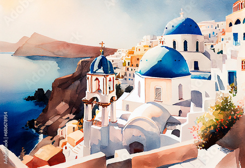 Santorini, Greece watercolor artwork. AI generative