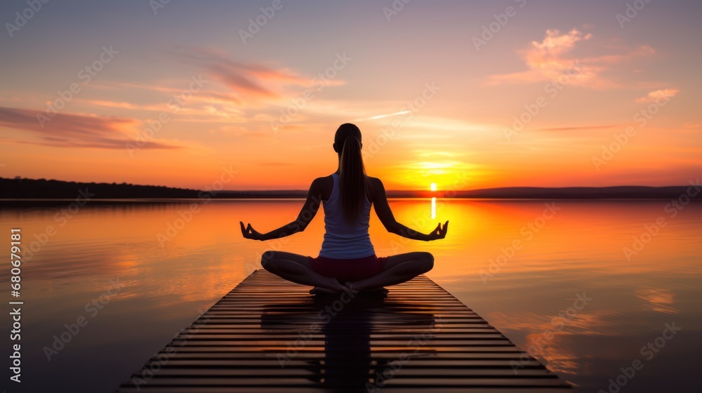  a woman sitting in a lotus position on a dock in front of a sunset over a body of water with a body of water in the foreground and a body of water in the foreground.